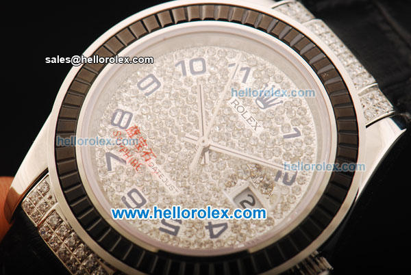 Rolex Datejust Oyster Perpetual Automatic Movement Diamond Dial with Blue Numeral Marker and Black Bezel-Black Leather Strap - Click Image to Close